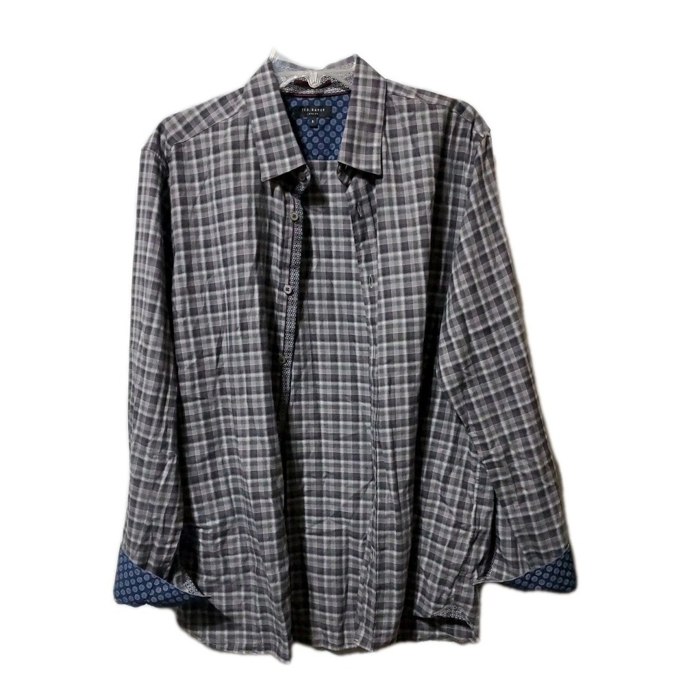 Ted Baker London Shirt Mens Size 5 Plaid Flip Cuff Button Up Purple & Blue EUC